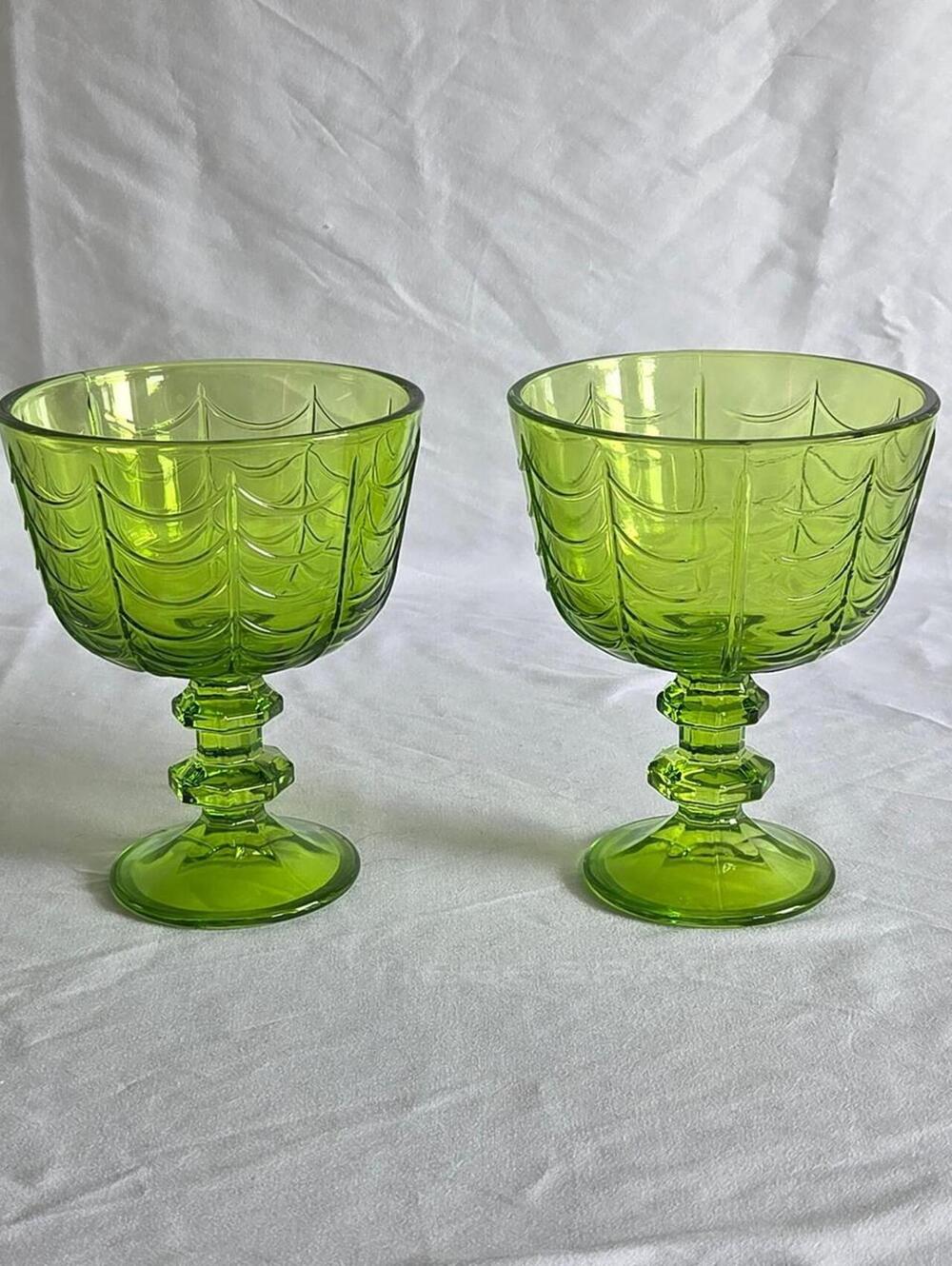 Spooky Green Glass Spider Web Goblets Halloween Gothic Vintage Style - Set of 2